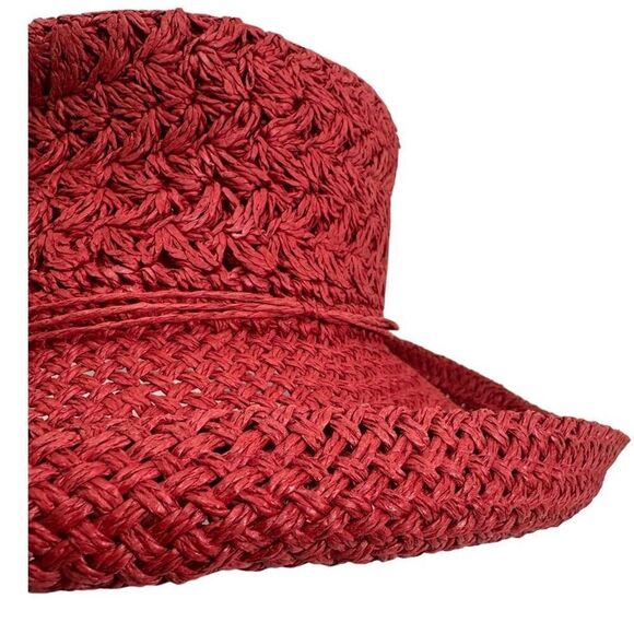 Red Berry Straw Curled Brim Hat O/S - Picture 2 of 7